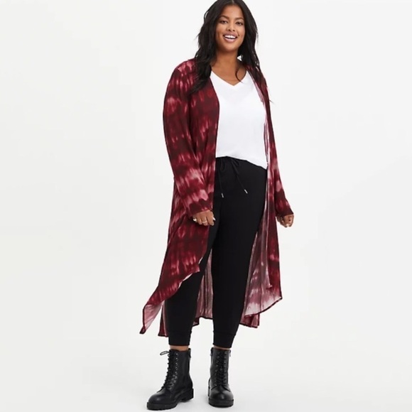 NWT Torrid Wine Tie Dye Gauze Kimono Longline Cardigan Red 0X - Picture 1 of 7